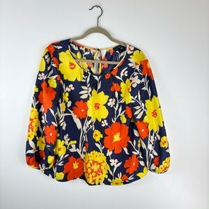 J.Crew Womens 12 Silk Blouse Top Floral Balloon Sleeves Keyhole Back Yellow Blue
